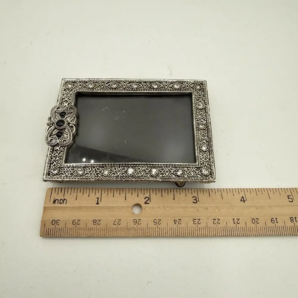 Vtg Silver Tone Small Picture Frame 2.5” x 3” Scrollwork Rhinestone Art Deco EUC